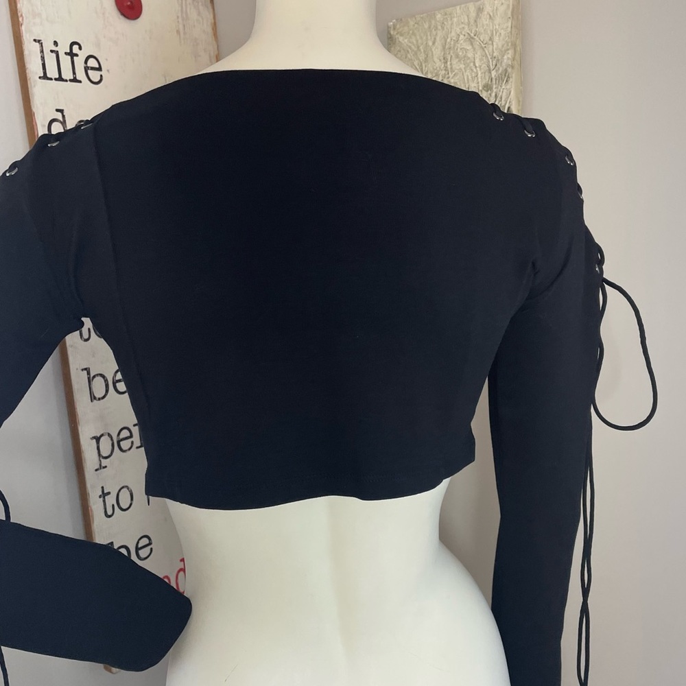 Fashion Nova cropped long sleeve boat neck lace-up shoulder top - Picture 7 of 11